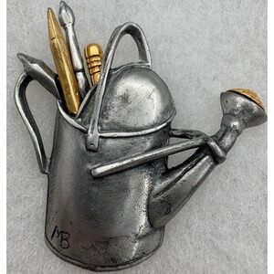 1999 M. Bastin Watering Can Artist Brooch 2" Pewter & Gold Tone Pin Vintage